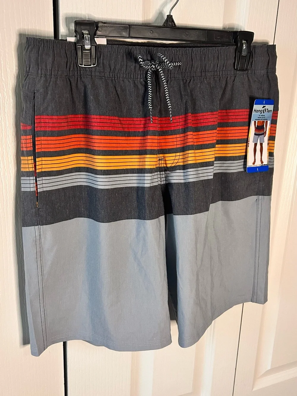 Hang Ten Mens Swim Trunks L Gray Board Shorts Beach Surf Pockets Lightweight NWT